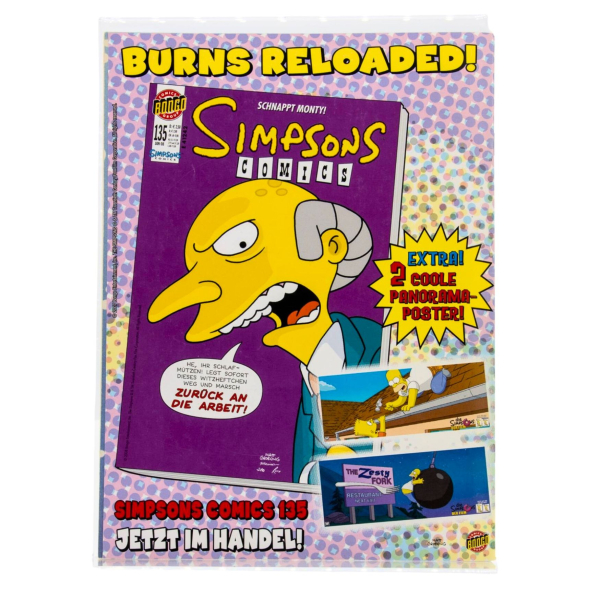 Comiccover von Die Simpsons – Winterwirbel 1: Homer, Marge, Bart, Lisa und Maggie in einer verschneiten Winterlandschaft, eingepackt in Winterkleidung, umgeben von Schnee, Eis und winterlichem Chaos.